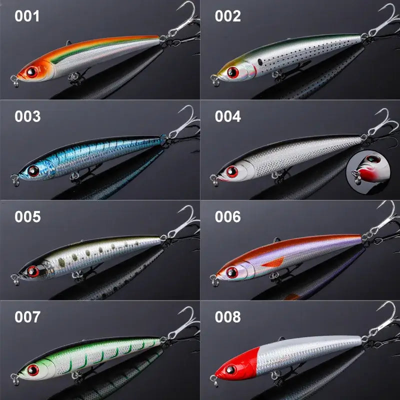 Variety of Noeby sinking pencil fishing lures in different colors and designs, ideal for targeting tuna and other sea species.