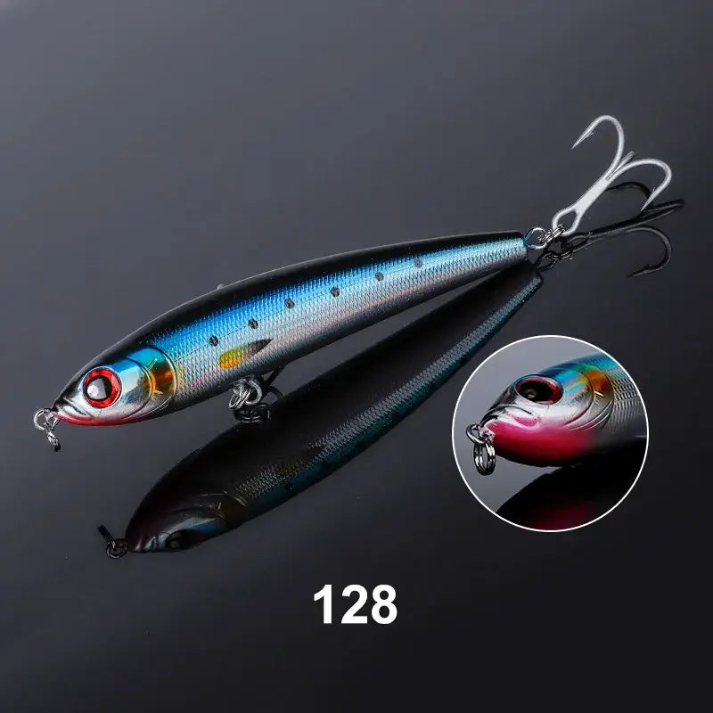 Noeby sinking pencil fishing lure in blue and silver, designed for sea fishing, showcasing realistic details.