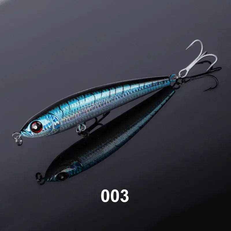 Noeby sinking pencil fishing lure in blue and black, perfect for tuna fishing with realistic wobbling action.