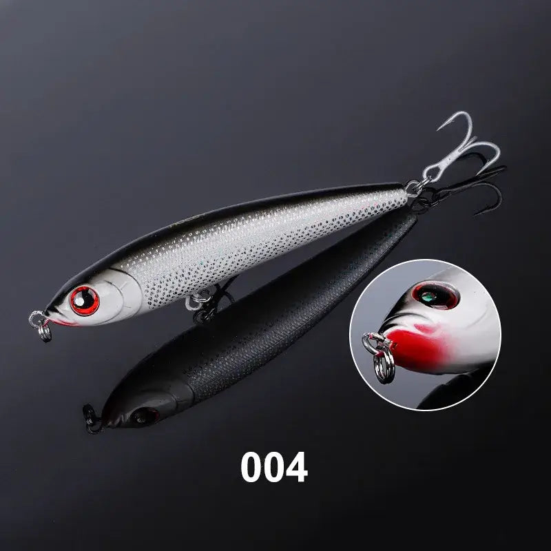 Noeby Sinking Pencil Fishing Lure in black and silver, ideal for deep sea tuna fishing, showcasing realistic design and hooks.