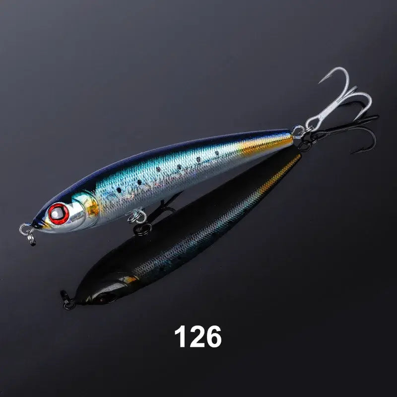 Noeby sinking pencil fishing lure in blue and silver, ideal for tuna fishing, showcasing realistic wobbling action.