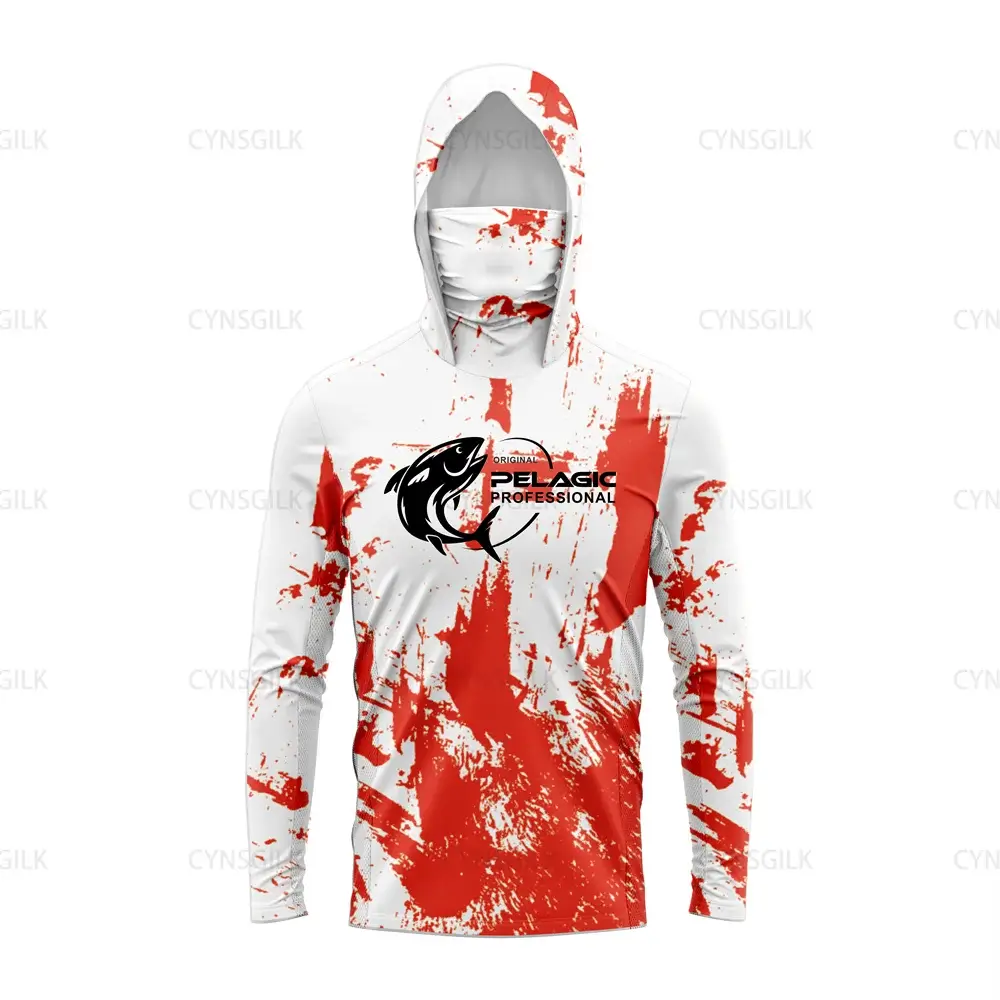 Original Pelagic Professional Men's Hooded Fishing Shirt with red splatter design for UV protection and comfort.
