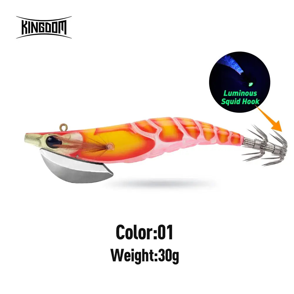 Kingdom Egi Squid Bait 30g in vibrant color with luminous squid hook, ideal for sea fishing and attracting octopus and cuttlefish.