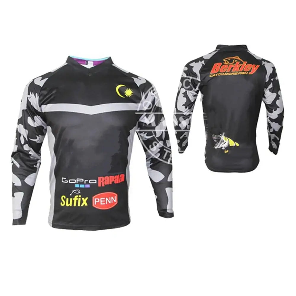 Men's long-sleeved fishing shirt in camouflage with logos, designed for outdoor fishing activities in any weather.