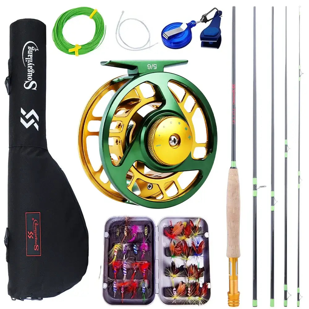 Sougayilang fly fishing rod and reel kit with five sections, yellow and green reel, fishing flies, and accessories.