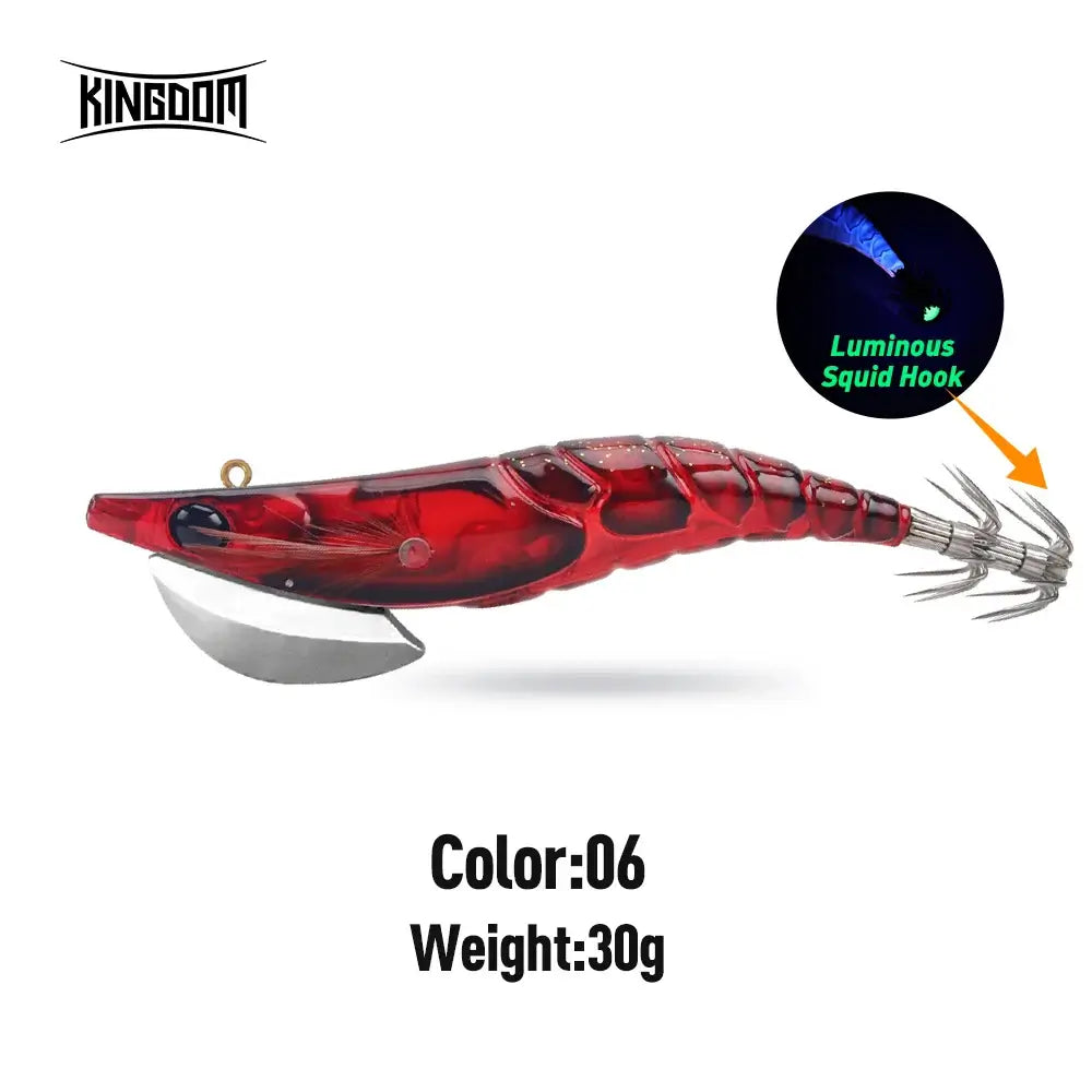 Kingdom Egi Squid Bait in red, 30g weight, featuring luminous squid hook for effective sea fishing.