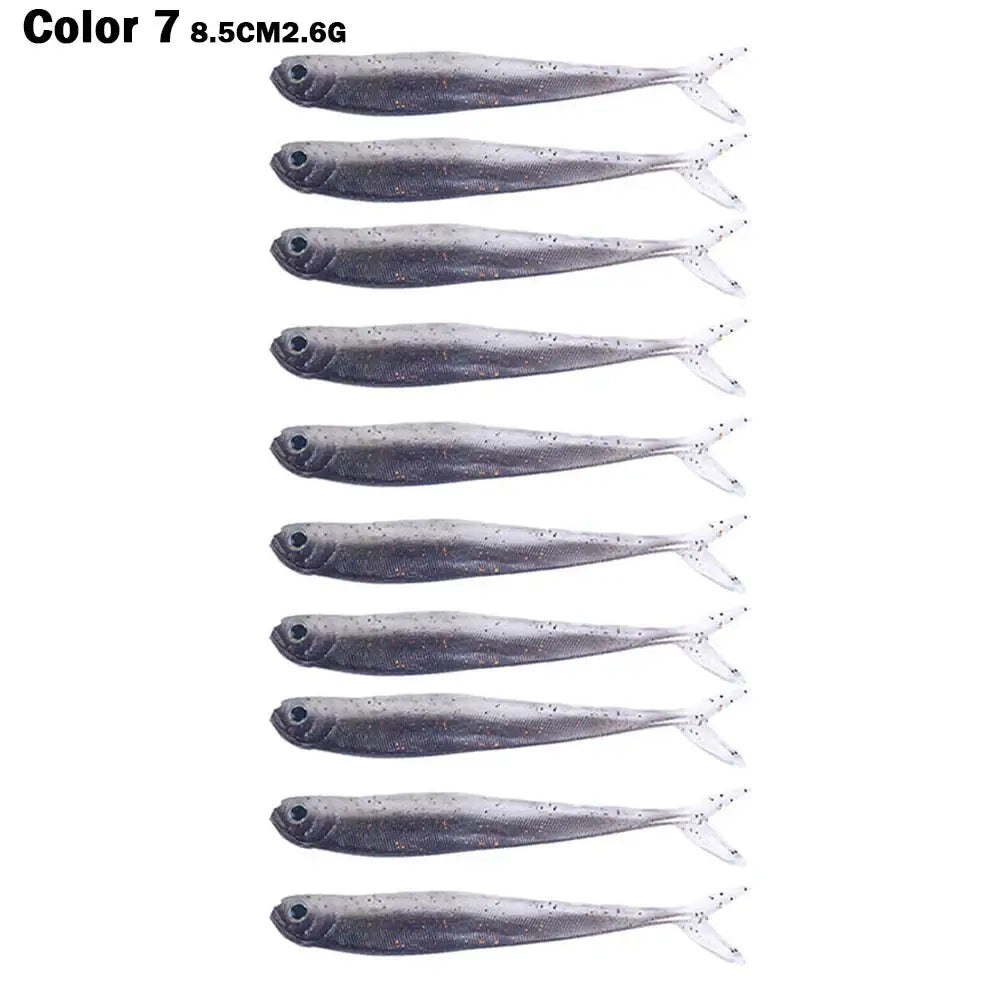 10PCS Color 7 8.5cm soft silicone fish lures in gray with glitter for freshwater and saltwater fishing.