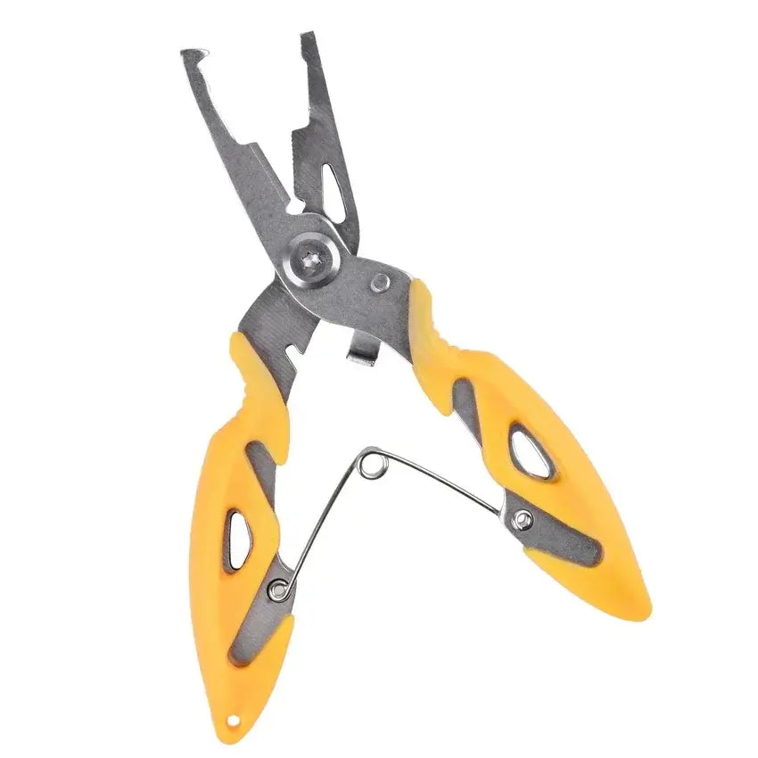 Multifunctional fishing plier with scissors and braid line cutter for efficient tackle handling and line cutting.