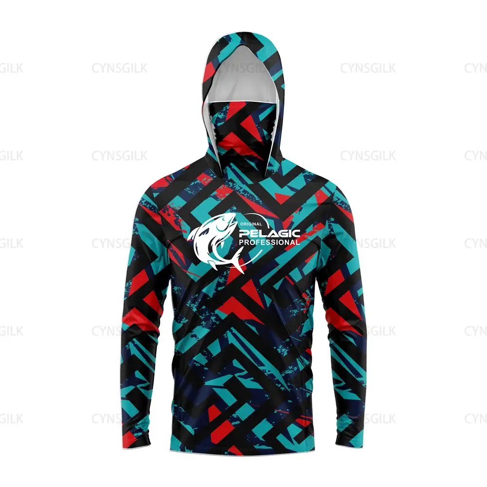 Men's hooded fishing shirt by Pelagic Professional, featuring UV protection, long sleeves, and a vibrant geometric design.
