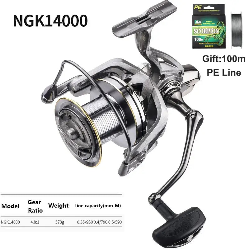 LINNHUE NGK14000 Big Spinning Fishing Reel with PE line gift, 20KG max drag for saltwater and freshwater fishing