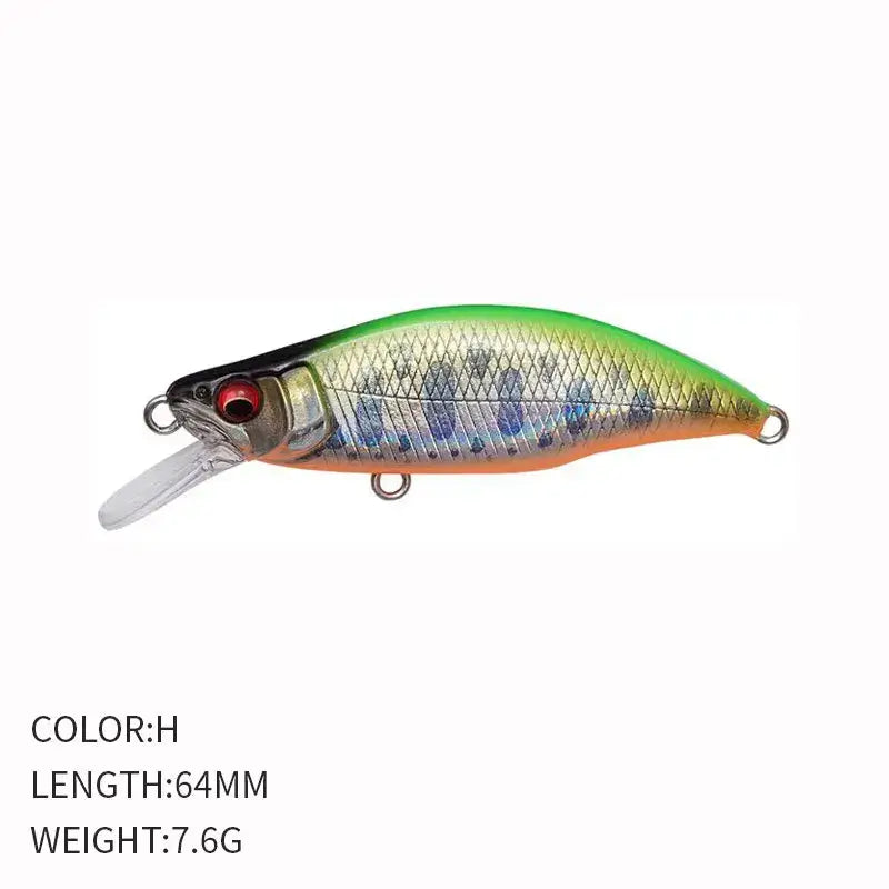 Sinking Minnow Flat Fishing Lure, Crankbait, Trout Crank, Artificial Hard Bait, Freshwater Tackle, China, 64mm, 7.6g.