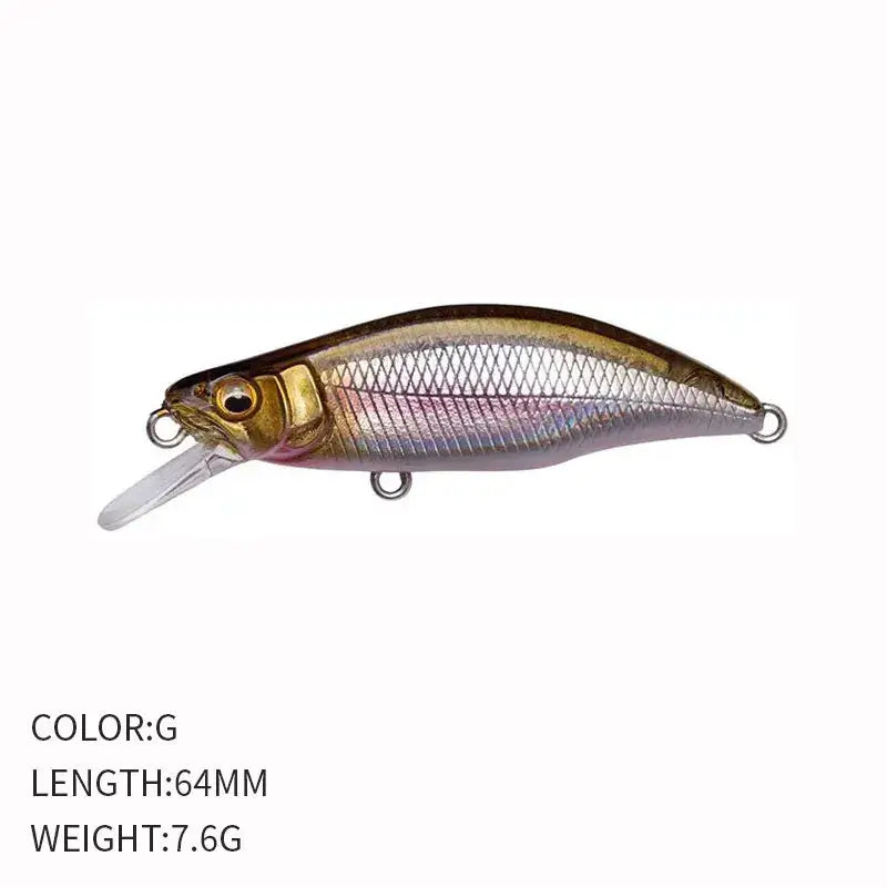Sinking Minnow Flat Fishing Lure, Crankbait, Trout Crank, Artificial Hard Bait, Freshwater Tackle, China, 64mm, 7.6g.