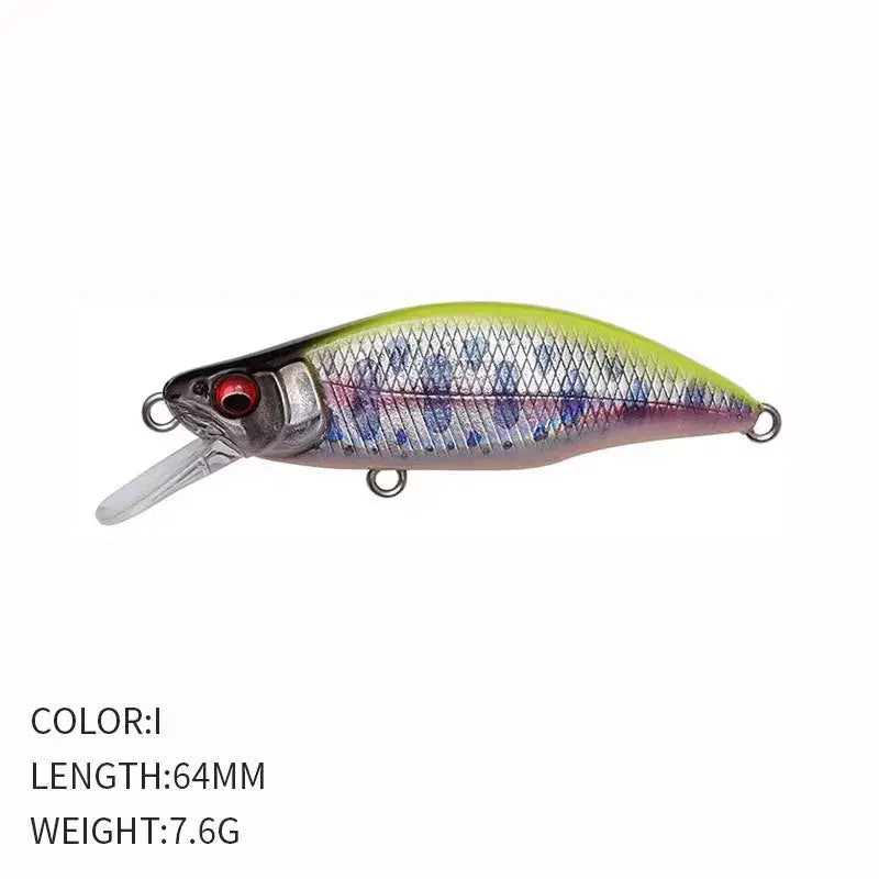 Sinking Minnow Flat Fishing Lure, Crankbait, Trout Crank, Artificial Hard Bait, Freshwater Tackle, China, 64mm, 7.6g.