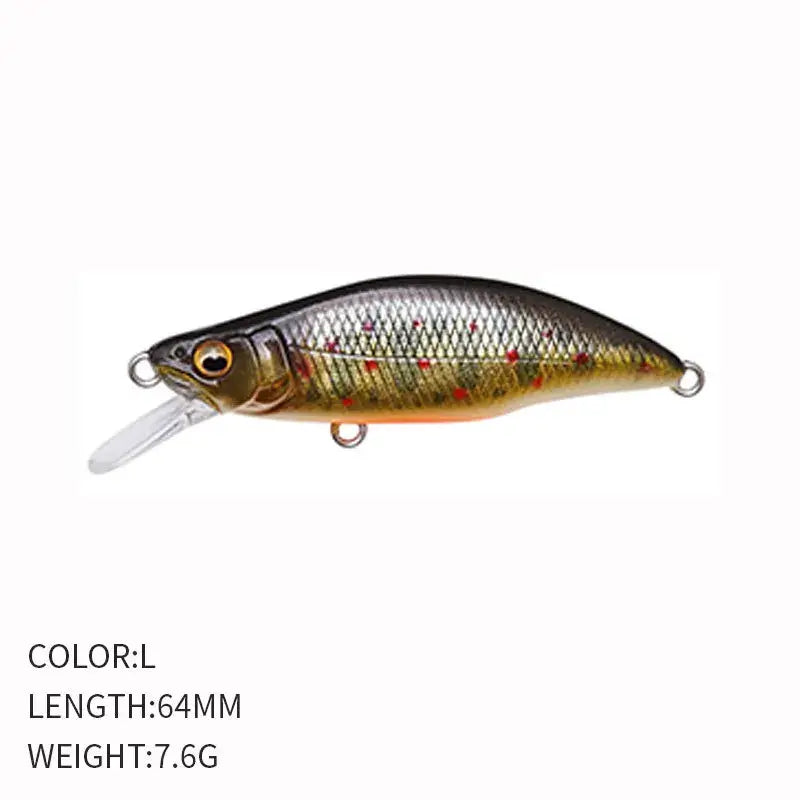 Sinking Minnow Flat Fishing Lure, Crankbait, Trout Crank, Artificial Hard Bait, Freshwater Tackle, China, 64mm, 7.6g.