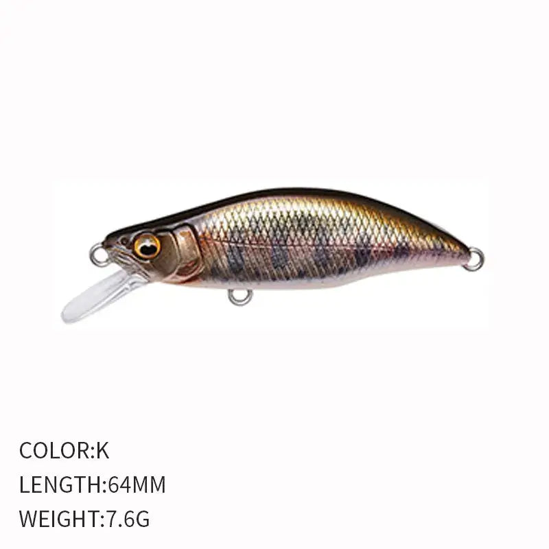 Sinking Minnow Flat Fishing Lure, Crankbait, Trout Crank, Artificial Hard Bait, Freshwater Tackle, China, 64mm, 7.6g.