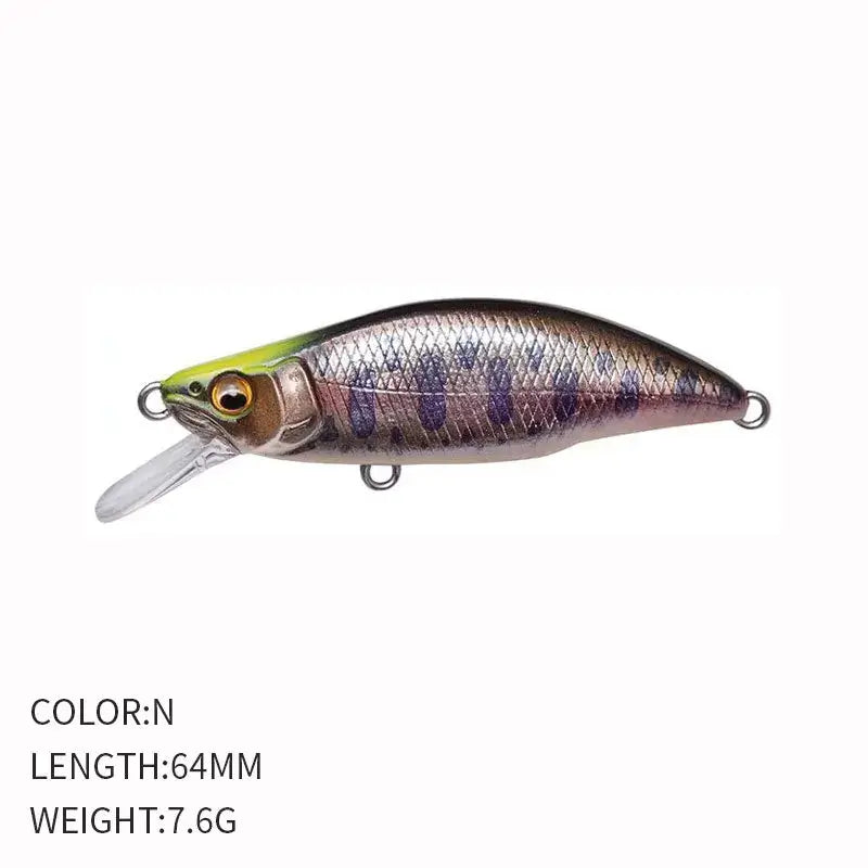 Sinking Minnow Flat Fishing Lure, Crankbait, Trout Crank, Artificial Hard Bait, Freshwater Tackle, China, 64mm, 7.6g.