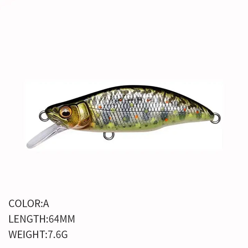 Sinking Minnow Flat Fishing Lure, Crankbait, Trout Crank, Artificial Hard Bait, Freshwater Tackle, China, 64mm, 7.6g.