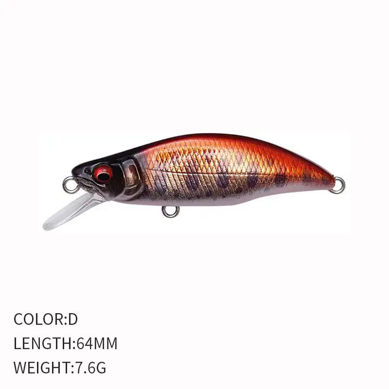 Sinking Minnow Flat Fishing Lure, Crankbait, Trout Crank, Artificial Hard Bait, Freshwater Tackle, China, 64mm, 7.6g.