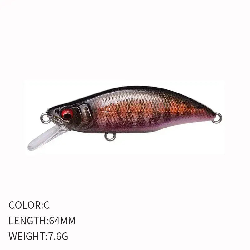 Sinking Minnow Flat Fishing Lure, Crankbait, Trout Crank, Artificial Hard Bait, Freshwater Tackle, China, 64mm, 7.6g.