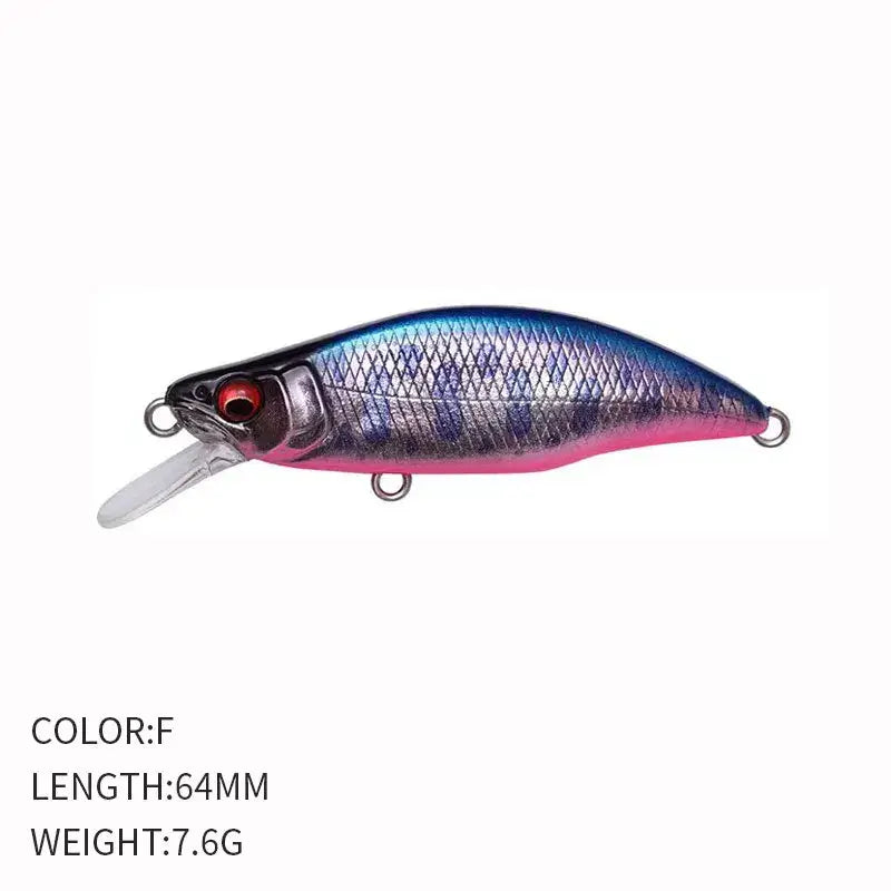 Sinking Minnow Flat Fishing Lure, Crankbait, Trout Crank, Artificial Hard Bait, Freshwater Tackle, China, 64mm, 7.6g.