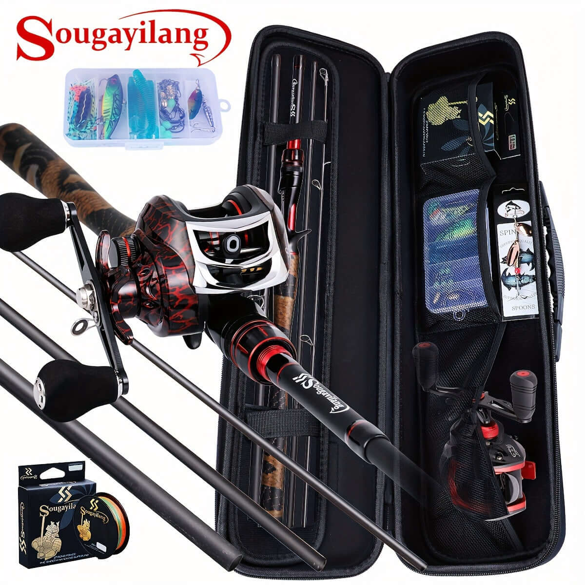 Sougayilang Ultimate Fishing Combo: 4pcs Graphite Rod & Smooth Baitcaster Set with Line, Lures & Tackle - Perfect for Anglers.