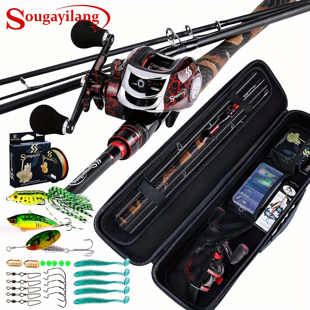 Sougayilang Ultimate Fishing Combo: 4pcs Graphite Rod & Smooth Baitcaster Set with Line, Lures & Tackle - Perfect for Anglers.