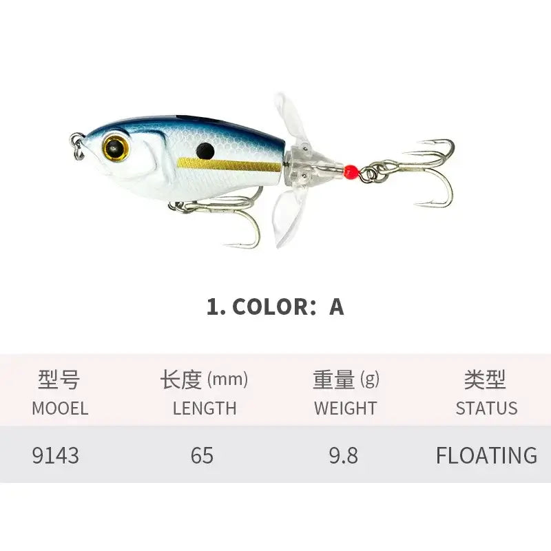 Spin Bait 6.5cm 9.8g Topwater Whopper Popper Fishing Lures Rotating Double Propeller Tail Artificial Bait Floating Wobblers.