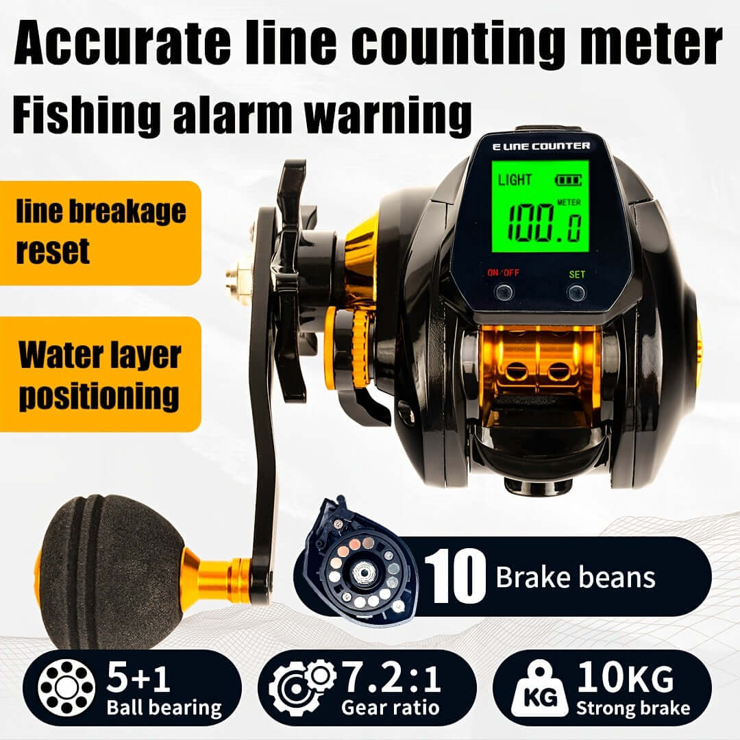 Stainless Steel Surf Fishing Rod and Reel Combo with Digital Display, 7.2:1 Gear Ratio, 10LB Saltwater Capacity, Line Break Reset, Water Depth Positioning, Right-Handed, USB Rechargeable.
