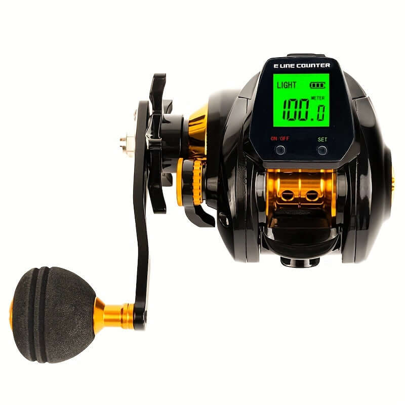 Stainless Steel Surf Fishing Rod and Reel Combo with Digital Display, 7.2:1 Gear Ratio, 10LB Saltwater Capacity, Line Break Reset, Water Depth Positioning, Right-Handed, USB Rechargeable.