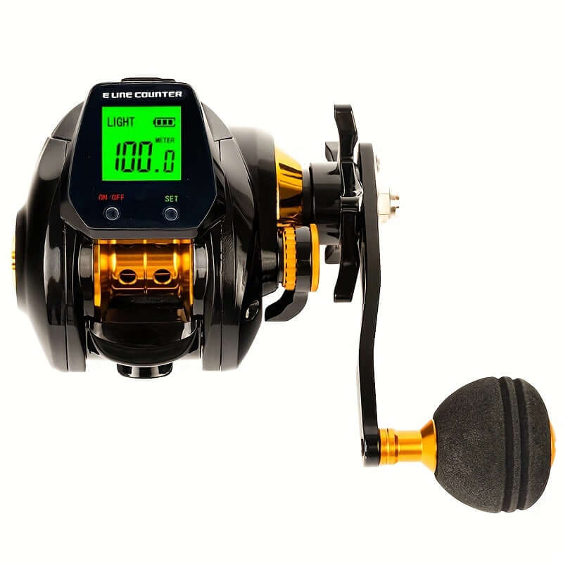 Stainless Steel Surf Fishing Rod and Reel Combo with Digital Display, 7.2:1 Gear Ratio, 10LB Saltwater Capacity, Line Break Reset, Water Depth Positioning, Right-Handed, USB Rechargeable.