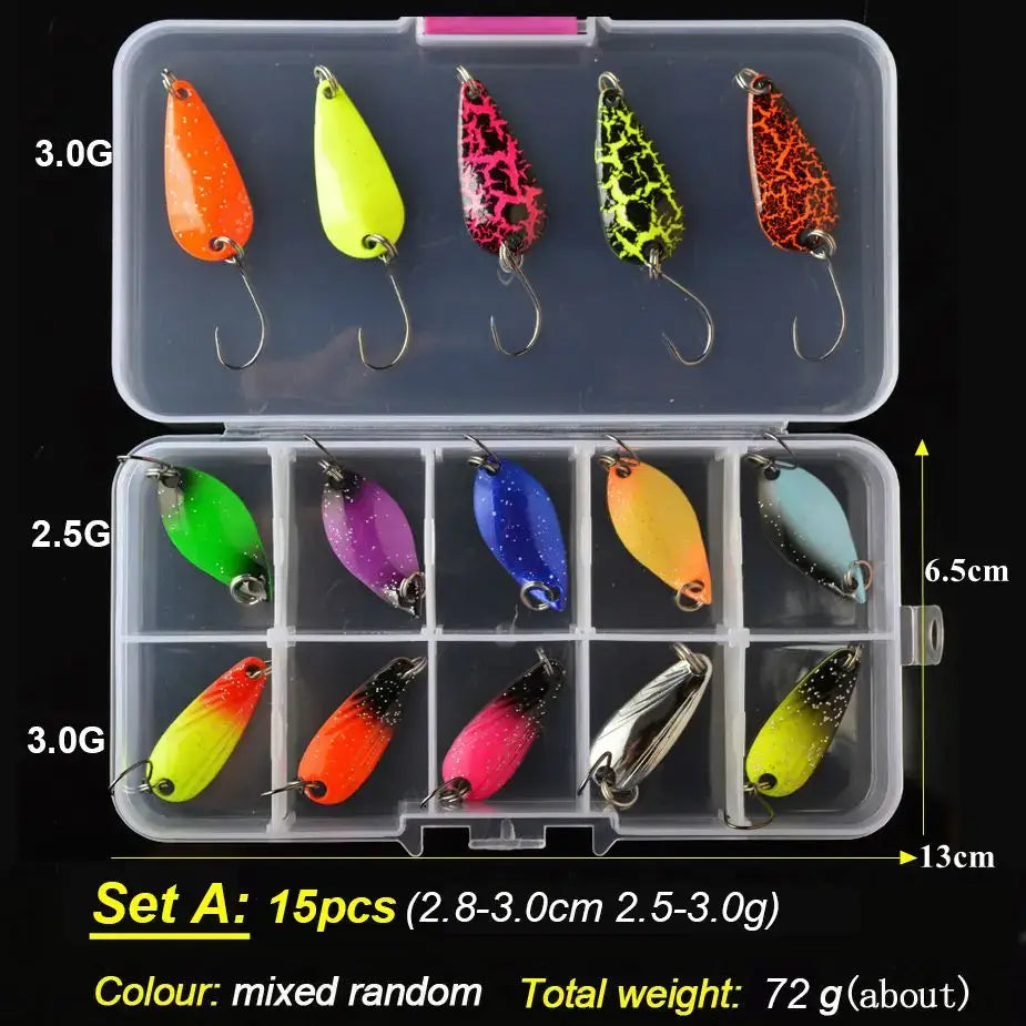 TOMA Trout Spoon Lure Set containing 15 colorful metal baits in a tackle box, weights 2.5g to 3.0g for freshwater fishing.