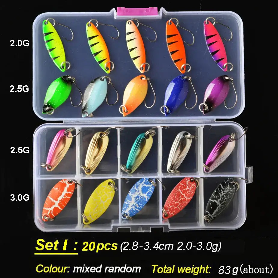 TOMA Trout Spoon Lure Set in a storage case with 20 mixed color baits, weights from 2g to 3g for freshwater fishing.