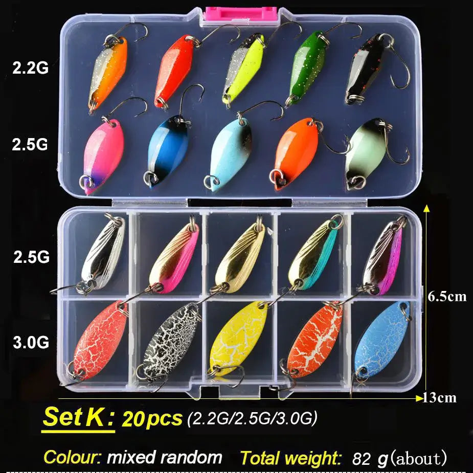 TOMA Trout Spoon Lure Set with 20 pieces in mixed colors, weights 2.2g to 3.0g, perfect for freshwater fishing.