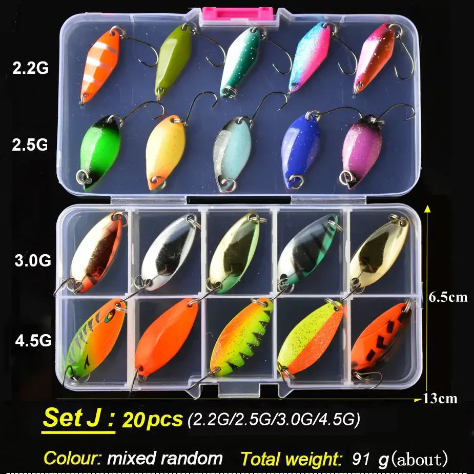 TOMA Trout Spoon Lure Set in plastic box, 20 mixed color metal baits, weights 2.2g to 4.5g for freshwater fishing.