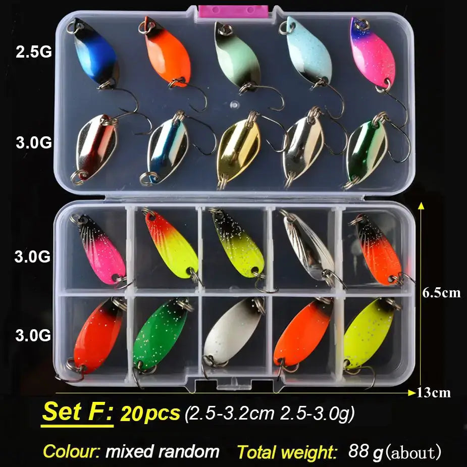 TOMA Trout Spoon Lure Set with 20 mixed color metal baits, weights 2.5g to 3.0g, ideal for freshwater fishing.
