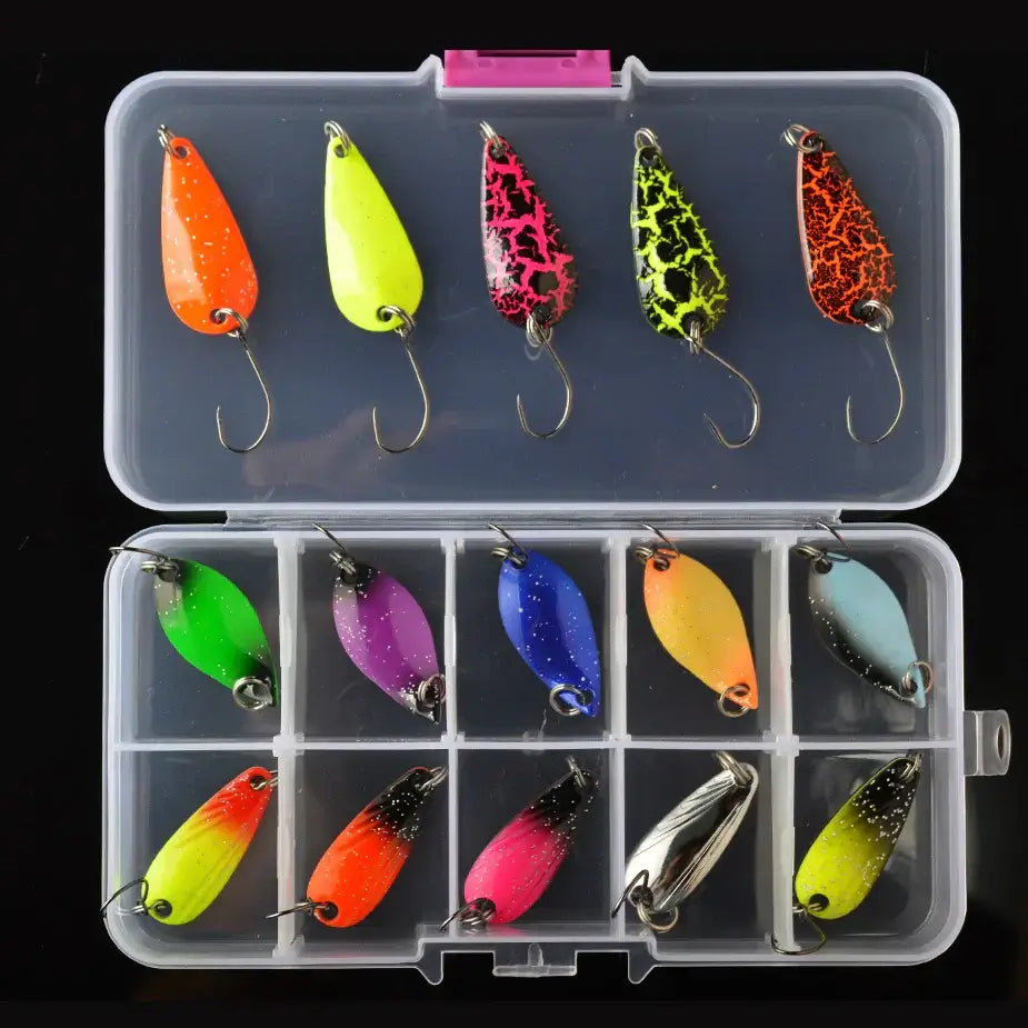 TOMA Trout Spoon Lure Set in storage box showcasing mixed colors and sizes for freshwater fishing