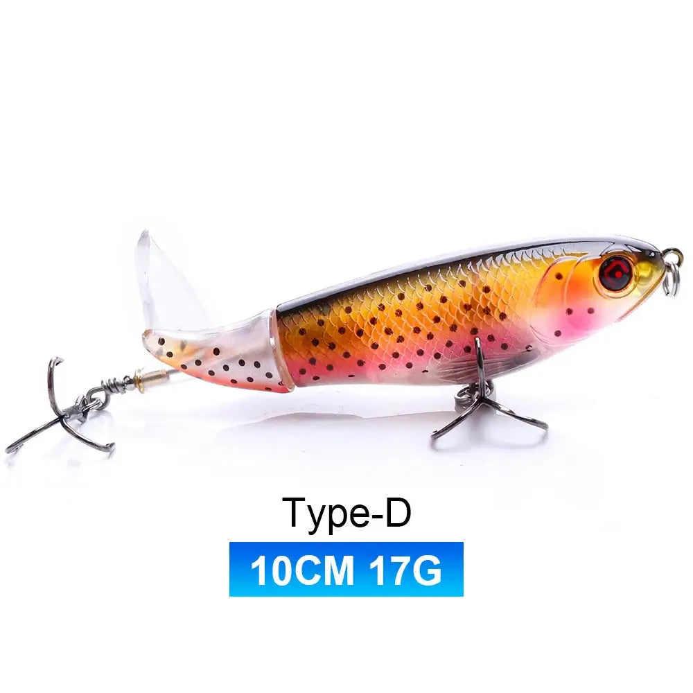 TREHOOK 10cm 17g Type-D topwater fishing lure with rotating propeller tail for effective predatory fishing.
