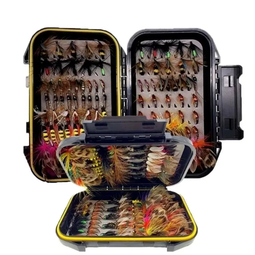 Trout fly fishing flies collection in a compact fly box including various lures for dry, wet, and nymph fishing.
