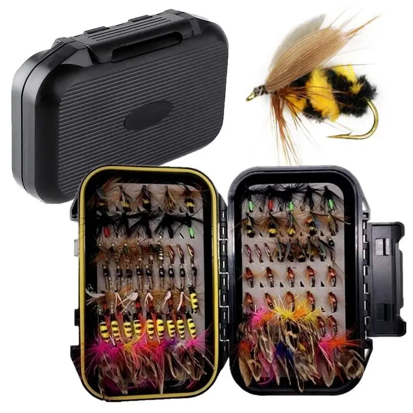 Trout fly fishing flies collection in a black box with assorted dry, wet, and nymph flies for anglers.
