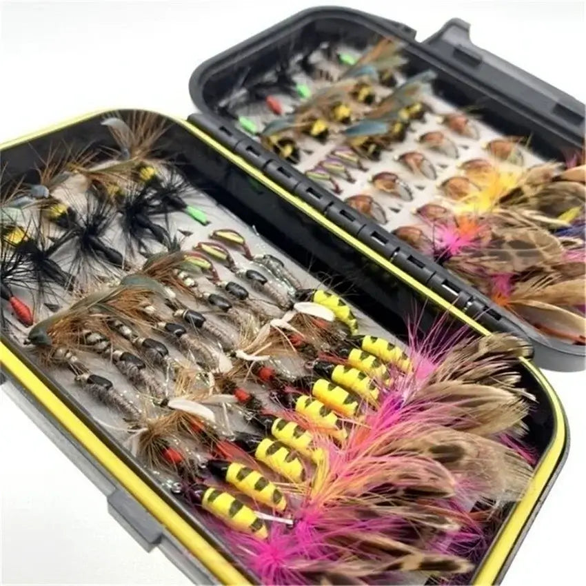 Trout fly fishing flies assortment in a storage box featuring dry, wet, and nymph flies for anglers.