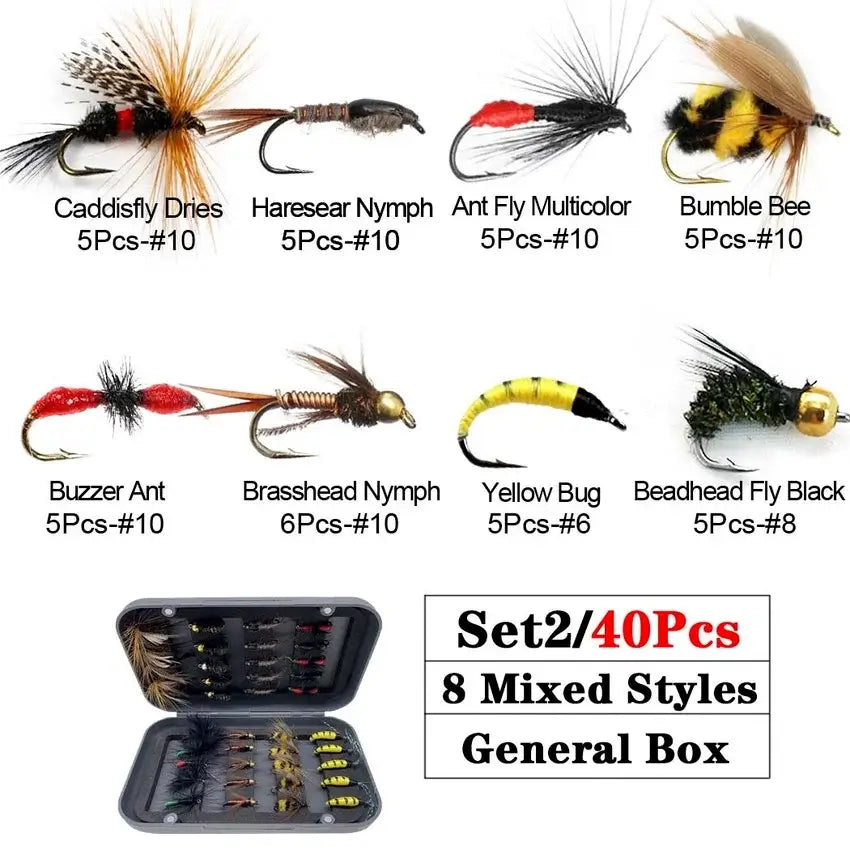 Trout fly fishing flies collection with 8 styles in a box, featuring Caddisflies, Nymphs, Bumble Bee, and more.