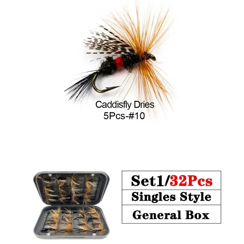 Caddisfly dry flies set of 5 in size #10, including 32 pieces in a general storage box for fly fishing.