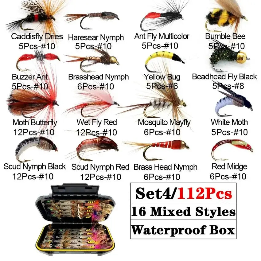 Trout fly fishing flies collection with 112 pieces in a waterproof box featuring 16 mixed styles for effective fishing.