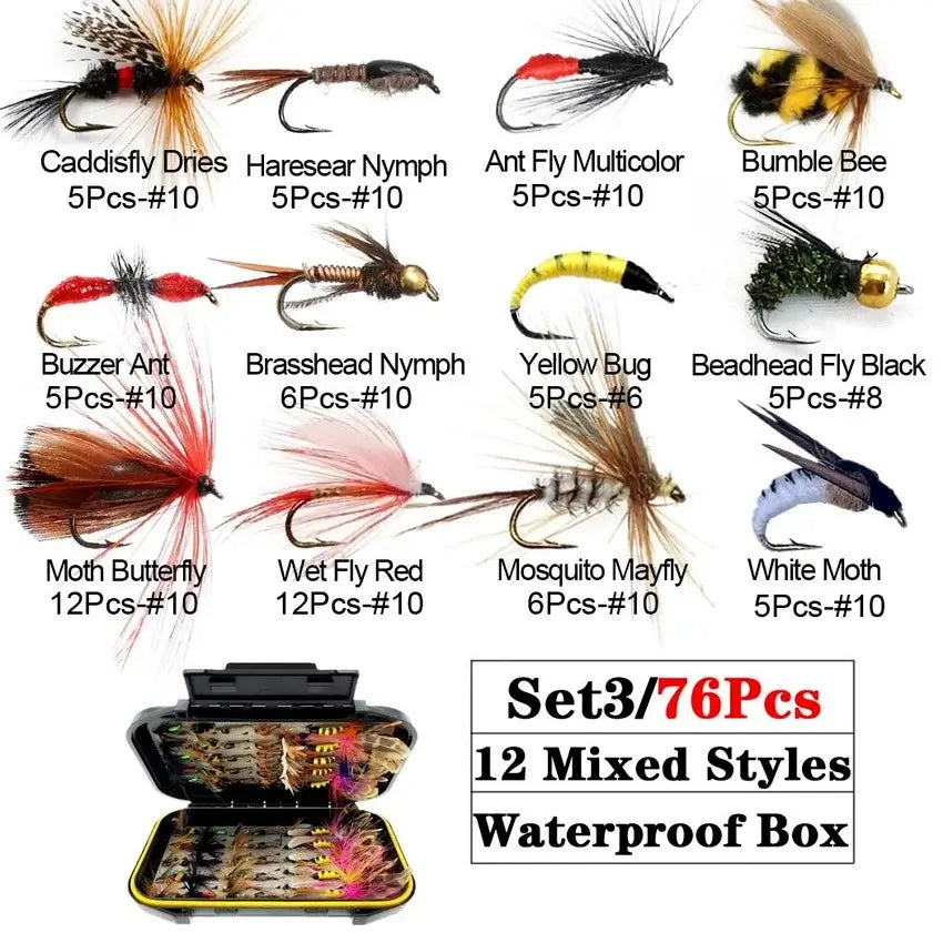 Trout fly fishing flies collection with 76 pieces in waterproof box featuring various styles like Caddisflies, Nymphs, and more.