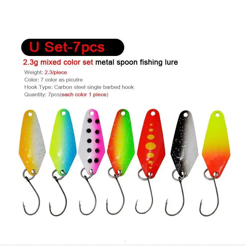 U Set 7pcs mixed color 2.3g metal spoon fishing lures with single barbed hooks for trout and chub fishing.