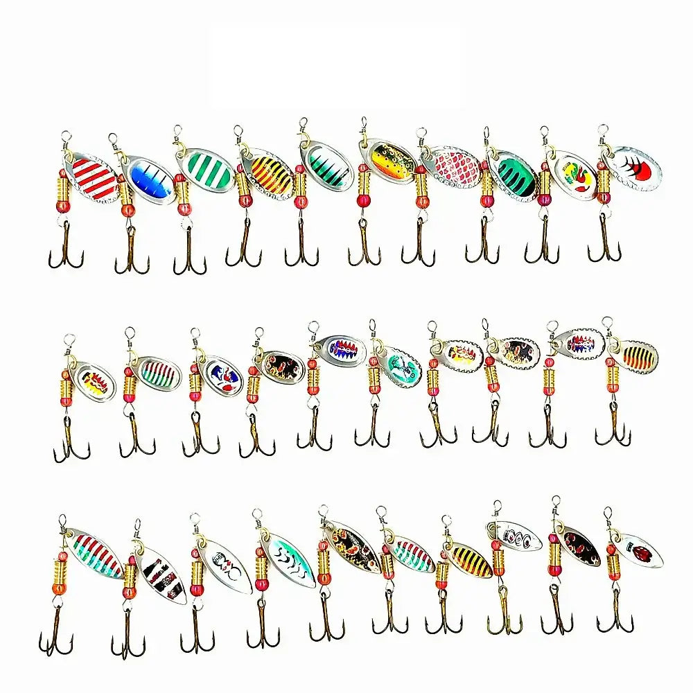 ZWICKE 30pcs Spinner Fishing Lure Kit showcasing colorful metal sequin spoons and hooks for effective fishing.