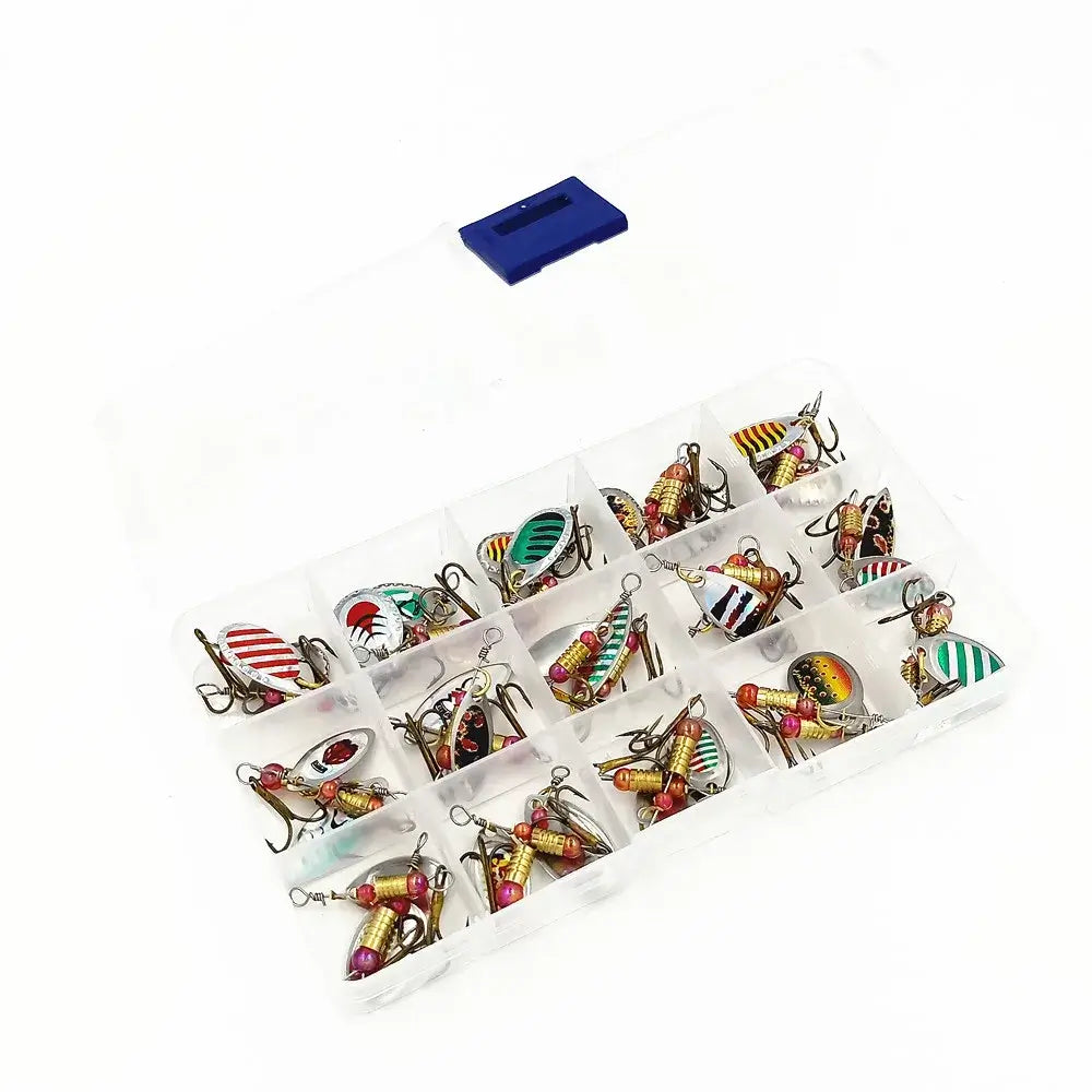 ZWICKE 30pcs Spinner Fishing Lure Kit in transparent box, showcasing colorful metal sequins and hard bait wobblers for fishing.