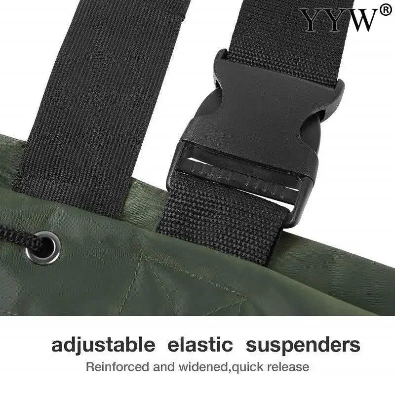 Close-up of adjustable elastic suspenders with quick-release buckle on fishing wader pants overalls.