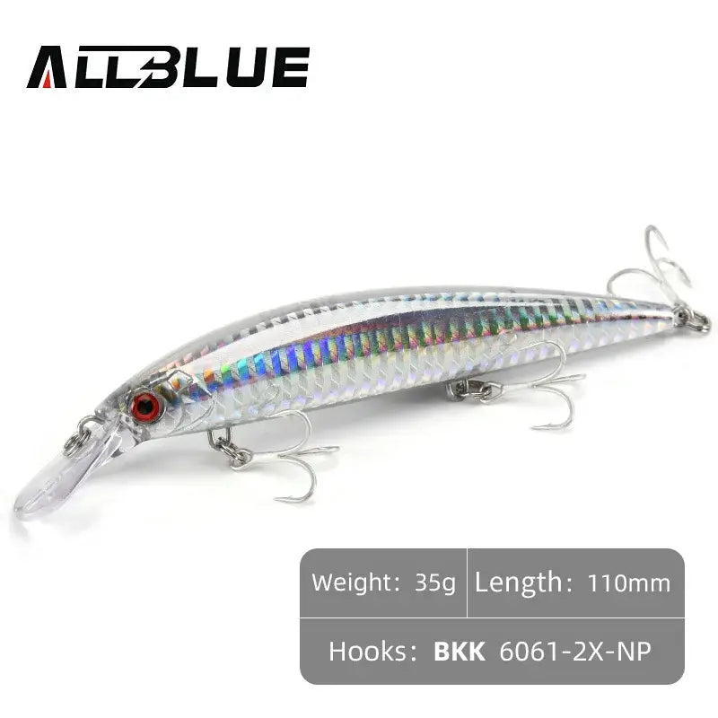 ALLBLUE 110mm Heavy Weight Minnow Sinking Jerkbait for saltwater fishing and bass, featuring BKK hooks and natural swimming action.