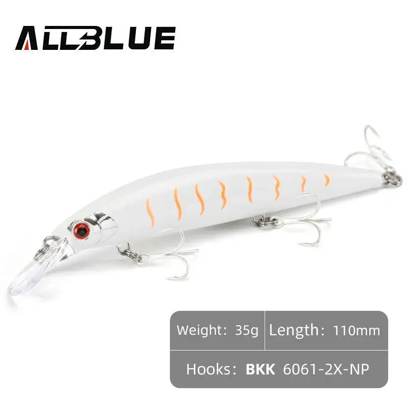 ALLBLUE 110mm sinking jerkbait lure in white with orange stripes for saltwater fishing, designed for sea bass.